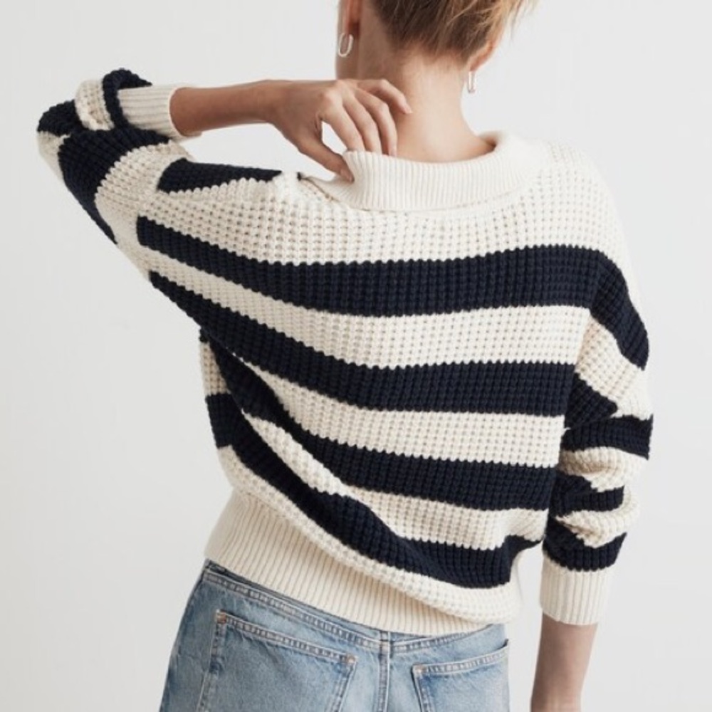 Madewell | Waffle-Knit Henley Sweater Stripe Navy Cream - Size M - Picture 5 of 13